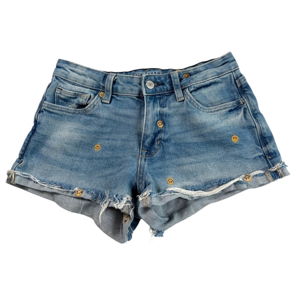 Arizona Jean Co Mid‎ Rise Raw Hem Smiley Face Shortie Shorts Sz 3 Festival Beach